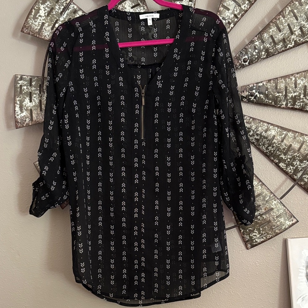 Maurices Black Sheer Blouse with White Pattern